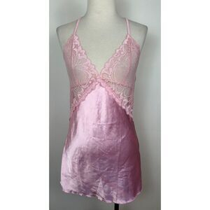 Vintage Pink Glossy Satin Lace Slip Smooth Mini Dress SLIPPERY S/M Sabrina